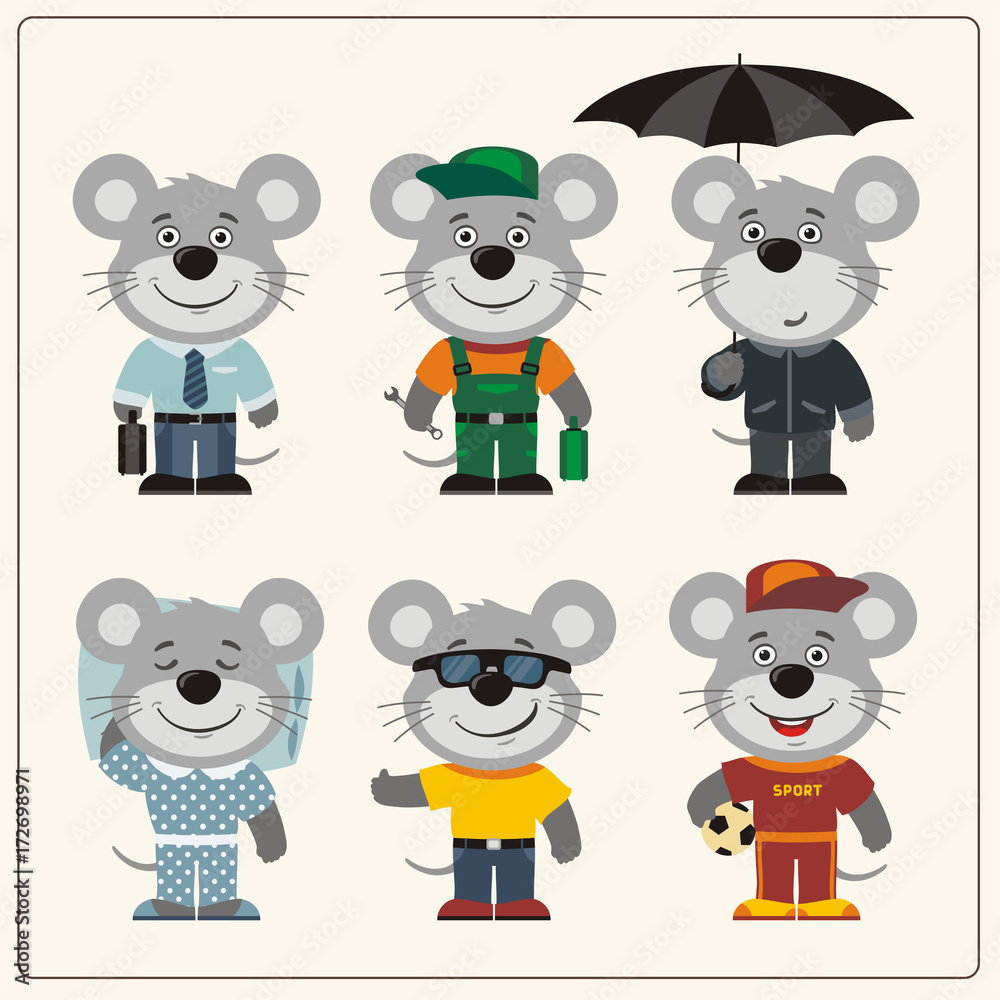 Set funny Mouse in different clothing: sportsman, worker, manager, summer, autumn, sleepwear. Collection isolated mouse in clothing in cartoon style. Set funny Mouse in different clothing: sportsman, worker, manager, summer, autumn, sleepwear. Collection isolated mouse in clothing in cartoon style.