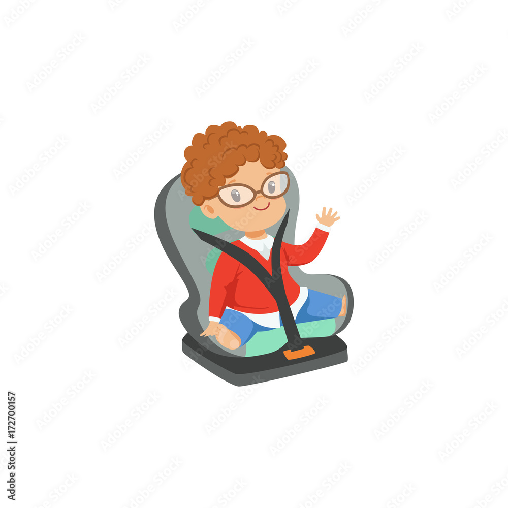 Cute little boy in glasses sitting in car seat, safety car transportation of small kids vector illustration