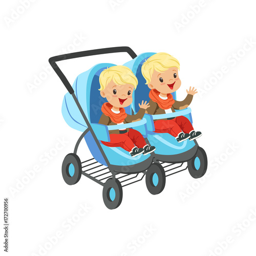 Cute little boys sitting in a blue baby carriage for twins, safety handle transportation of small kids vector illustration