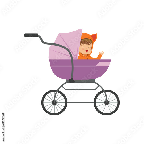 Sweet little kid sitting in a purple baby pram, safety handle transportation of small childrens vector illustration