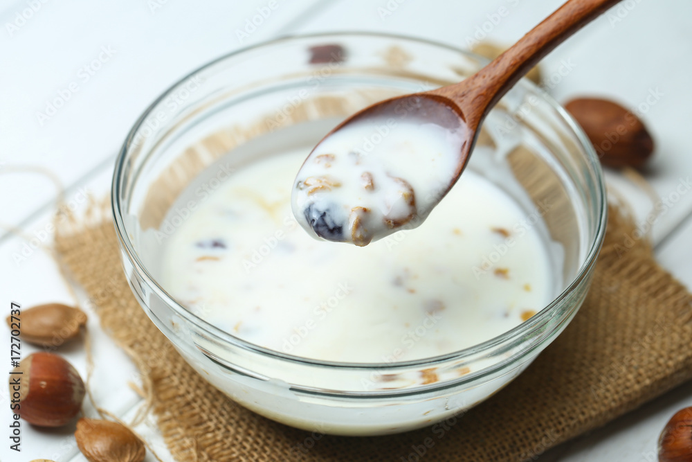 nuts yogurt in glass bowl nuts yogurt in glass bowl