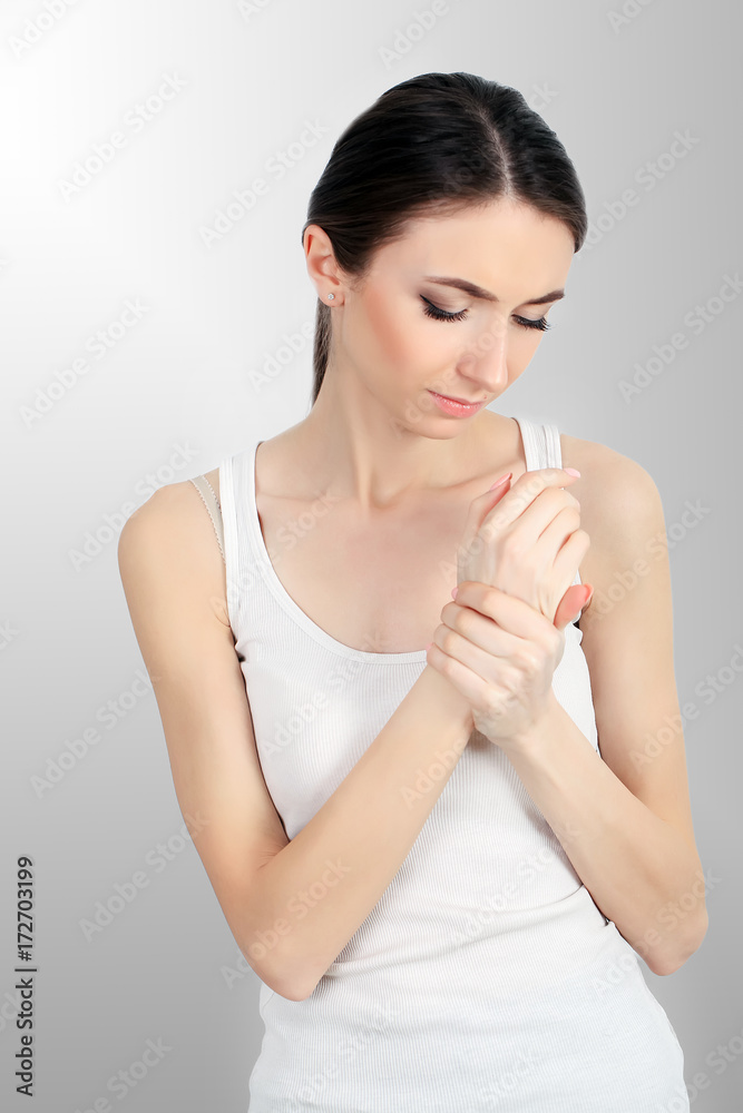 Body Pain. Beautiful Woman Feeling Pain In Shoulders And Arms Body Pain. Beautiful Woman Feeling Pain In Shoulders And Arms