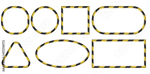 Set of 3D frames, yellow and black stripes ribbon pattern, vector, warning of the danger of the industrial framework, concept of safety, construction border