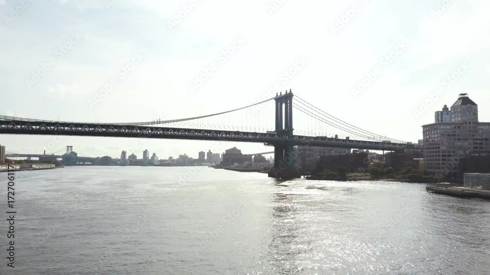 Aerial view of New York in America. Drone flying over East river near the Manhattan bridge, view of Brooklyn district.