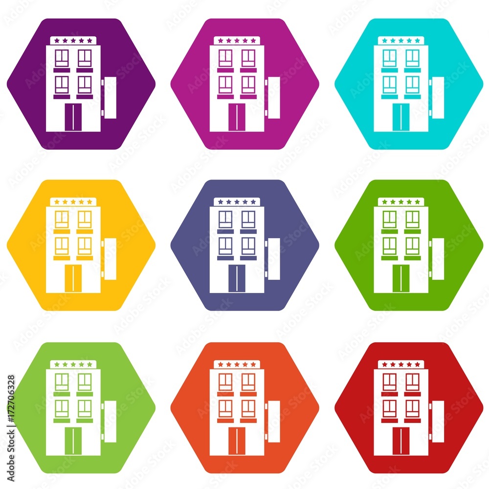 Five star hotel icon set color hexahedron