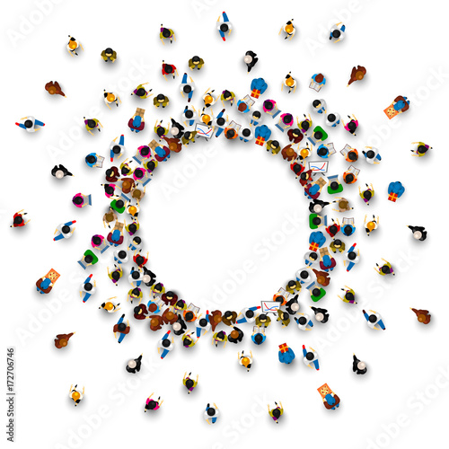 A lot of people stand in a circle on a white background. Vector illustration