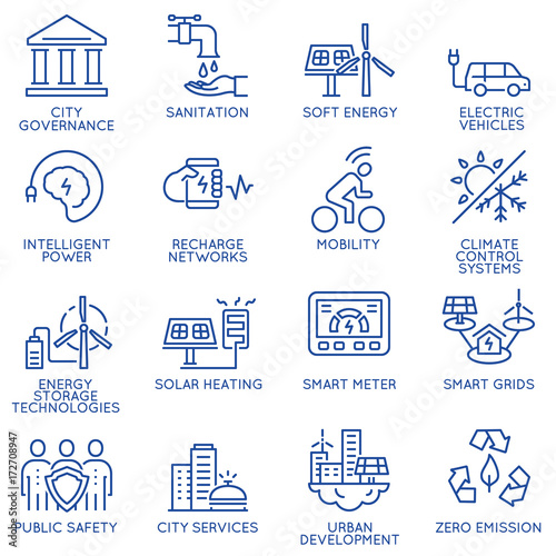 Vector set of thin linear 16 icons related to technology for intelligent urbanism, smart city and urban development. Mono line pictograms and infographics design elements - part 3