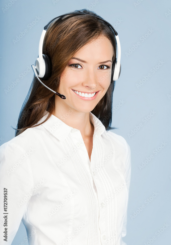 Support phone operator in headset, on blue Support phone operator in headset, on blue