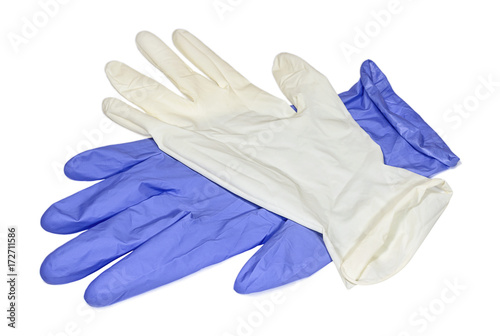 White and blue latex gloves
