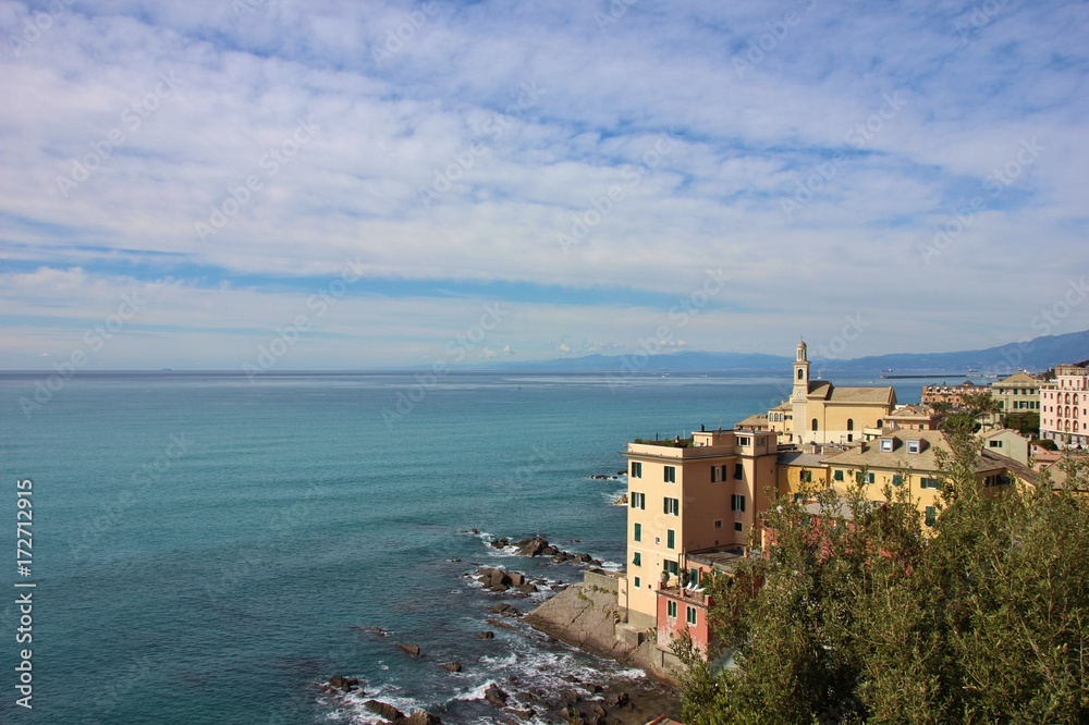 Panoramic view of Boccadasse from above, Genoa, Italy
