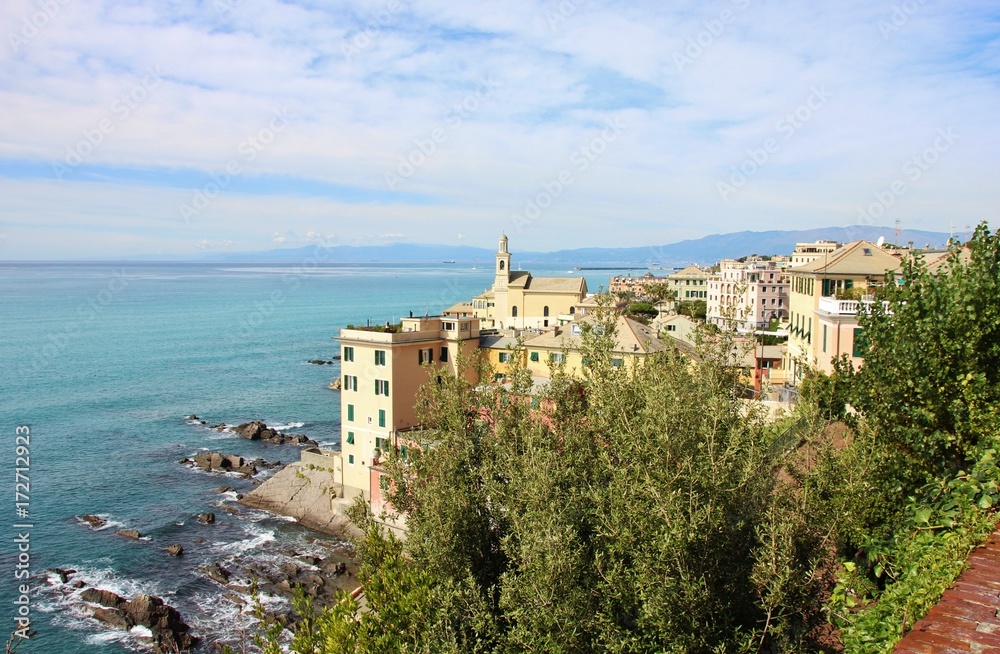 Panoramic view of Boccadasse from above, Genoa, Italy