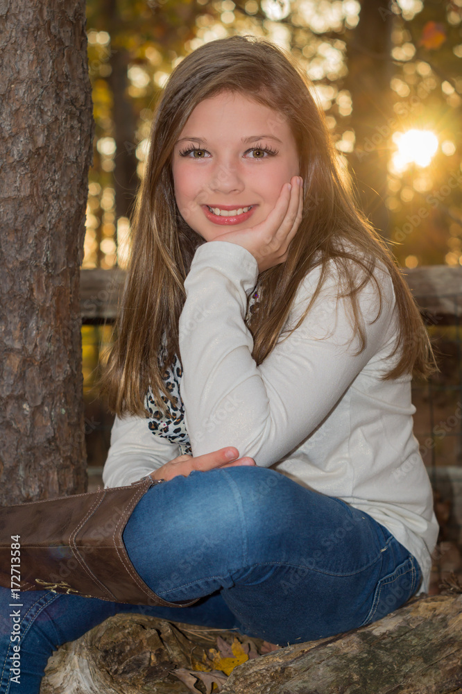 Beautiful model girl with smile in woods Autumn Fall Beautiful model girl with smile in woods Autumn Fall