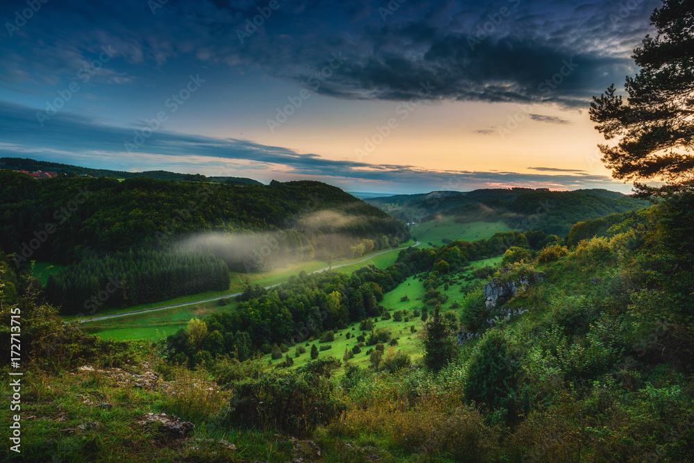 Picturesque Bavarian Autumn Hill Countryside Landscape in September Germany at Sunset