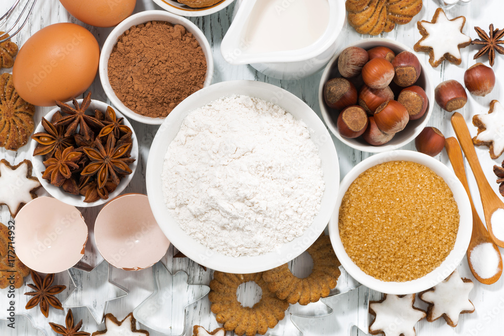 ingredients for baking, cookies and spices, top view closeup ingredients for baking, cookies and spices, top view closeup