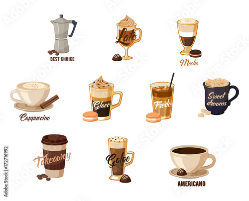 Different hot coffee with cream in cups