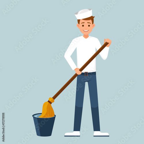 the sailor dipping the MOP in a bucket of water.vector illustration isolated from background, nautical theme