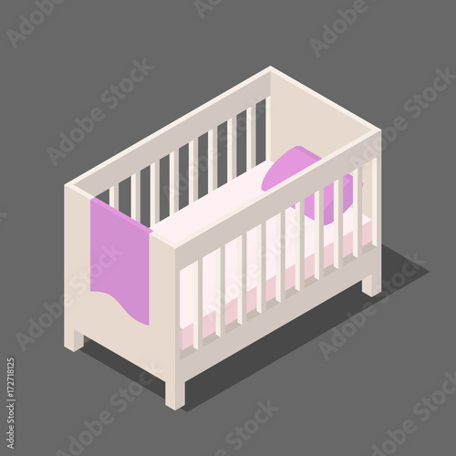 cot.white wooden children's bed with mattress pillow and blanket in isometric view, a rectangular bed for babies in 3D flat style vector illustration isolated on white background