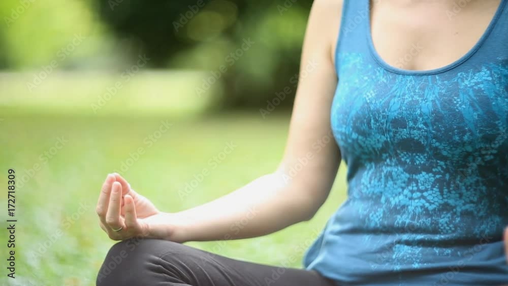 Full of joy young women wearing sports clothes blue shirt and black tights in lotus position meditating in the quiet scenery of late summer in the park, camera is gently moving / Joy of doing yoga Full of joy young women wearing sports clothes blue shirt and black tights in lotus position meditating in the quiet scenery of late summer in the park, camera is gently moving / Joy of doing yoga