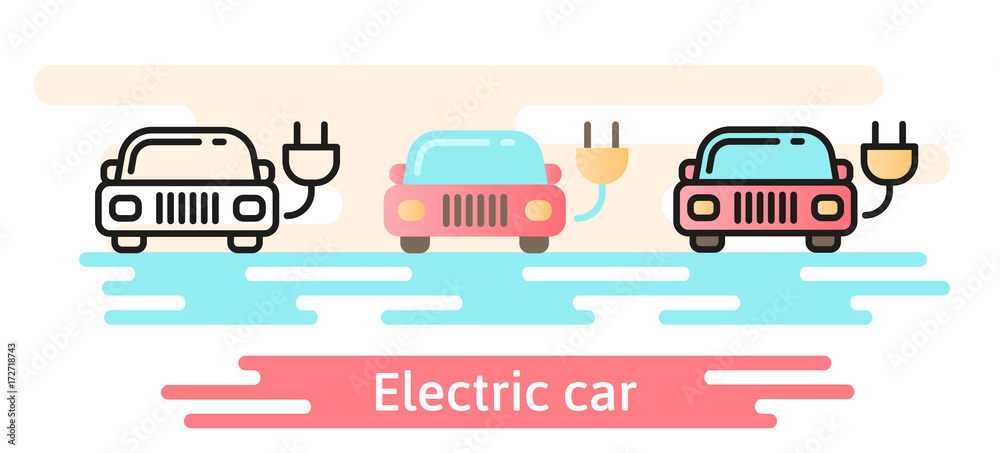Icon shows a car with an electric plug. Linear, flat and material design concept.