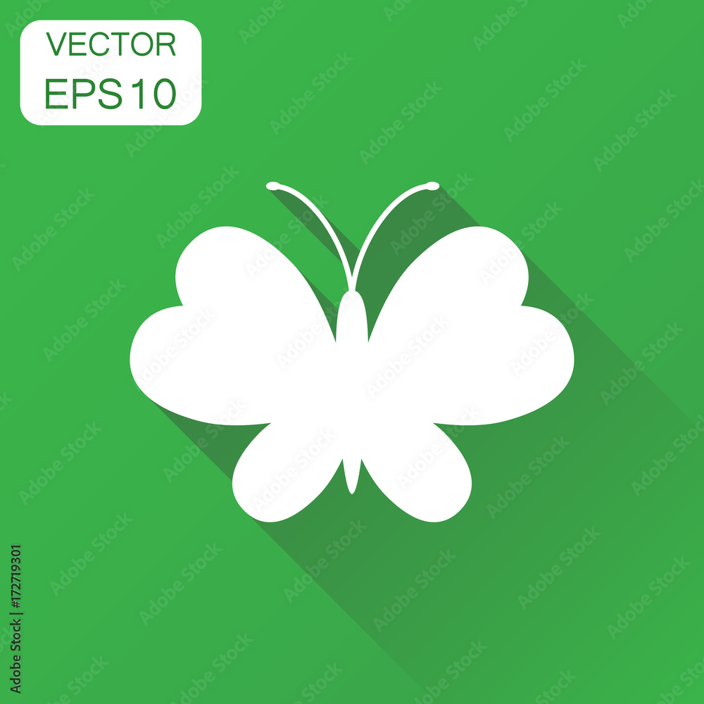 Butterfly icon. Business concept silhouette of a butterfly pictogram. Vector illustration on green background with long shadow. Butterfly icon. Business concept silhouette of a butterfly pictogram. Vector illustration on green background with long shadow.