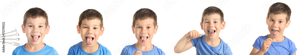 Collage of little boy using special tools on white background. Speech therapy concept Collage of little boy using special tools on white background. Speech therapy concept