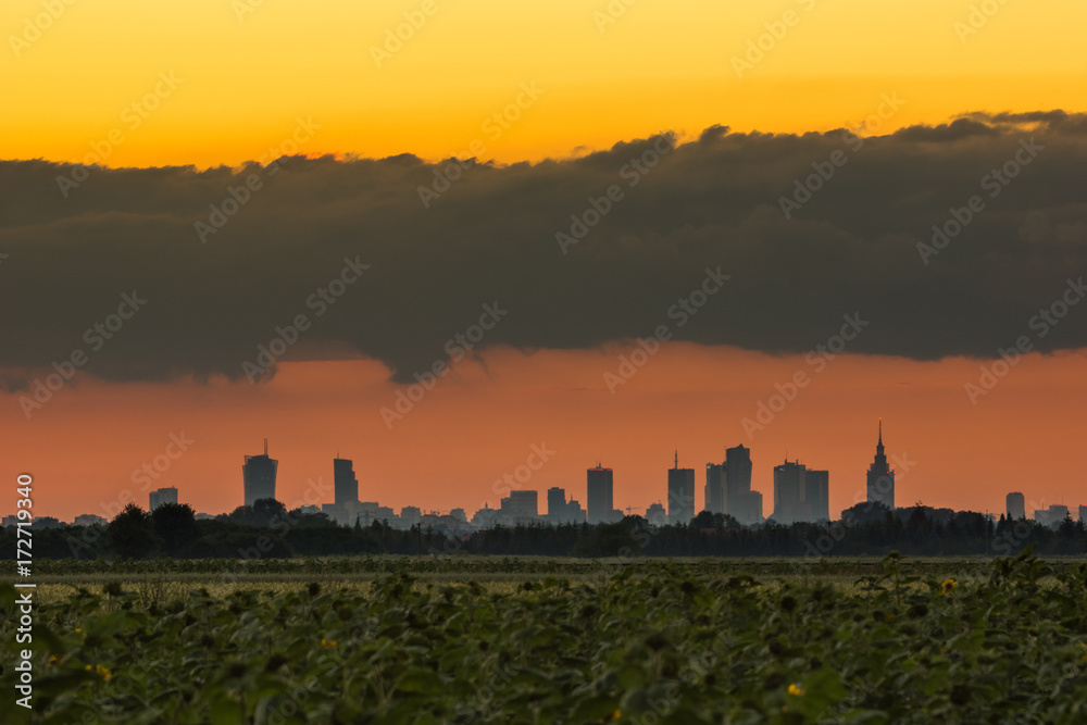 Sunset over Warsaw city in Poland