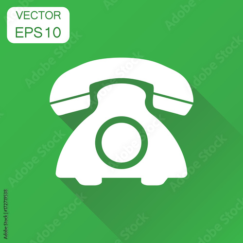 Phone icon. Business concept old vintage telephone pictogram. Vector illustration on green background with long shadow.