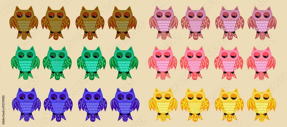 A large set of twenty-four owls in the color variations of brown, green, blue, pink, yellow with various ornaments on the wings and tails and sleepy eyes A large set of twenty-four owls in the color variations of brown, green, blue, pink, yellow with various ornaments on the wings and tails and sleepy eyes