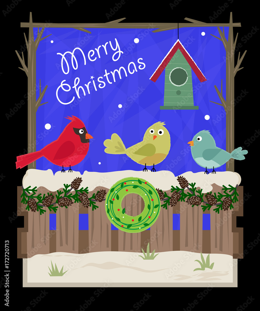 Φωτογραφία Christmas Greetings - Cute Christmas greeting card of a snowy yard and birds standing on a fence