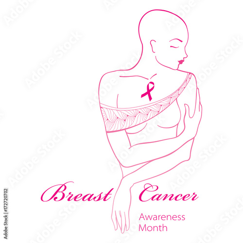 Vector illustration of bald woman after chemotherapy with pink ribbon isolated on white background. Breast Cancer Awareness Month symbol. Design for international health campaign for woman in October.