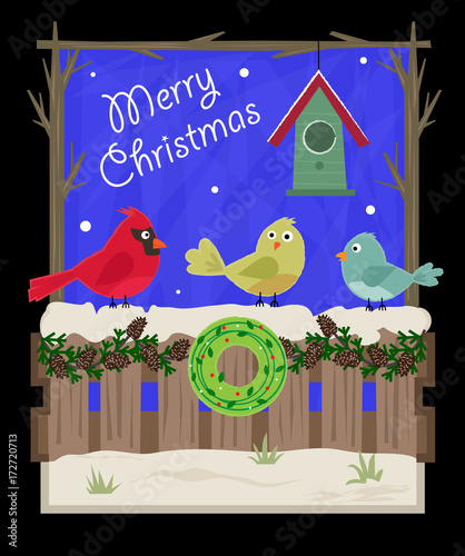 Christmas Greetings - Cute Christmas greeting card of a snowy yard and birds standing on a fence. Eps10
