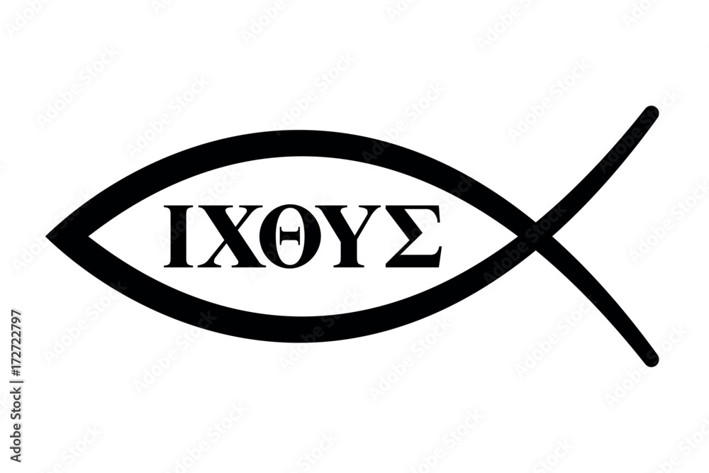 Naklejka premium Sign of the fish with initial letters of five Greek words forming the word Ichthus for fish. The English translation of the five words are Jesus Christ, Son of God, Saviour. Black illustration. Vector