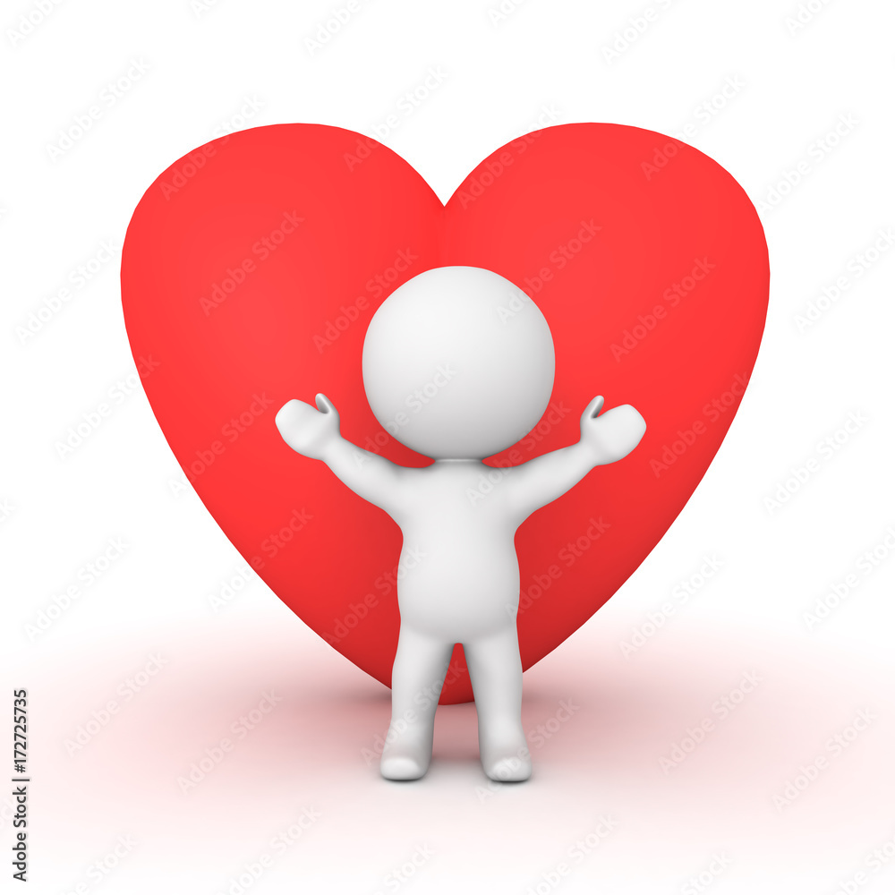 3D Character with a large red heart shape behind him 3D Character with a large red heart shape behind him