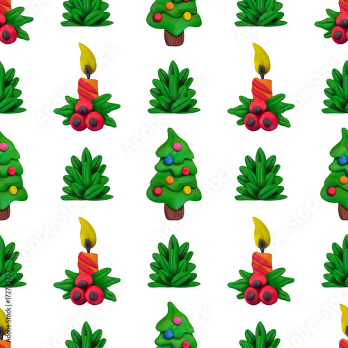 Handmade vector Plasticine seamless pattern for Christmas and Happy New year isolated on white background. Can be used for printing on textile, pattern fills, textures or gift wrap and wallpapers