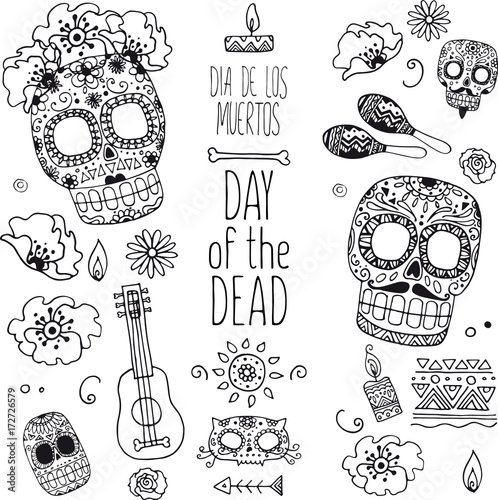 dia de muertos hand drawn doodles