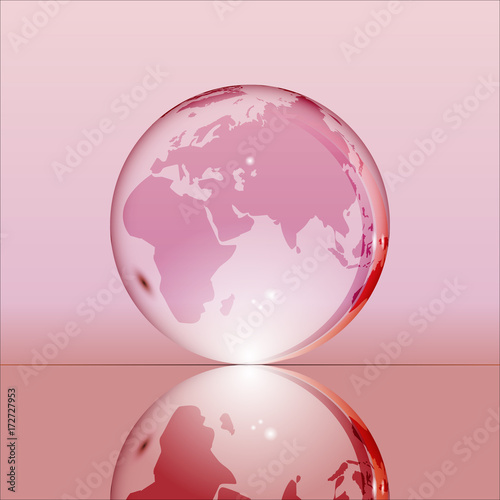 Pink shining transparent earth globe with Eurasia  Africa and Australia continents laying on glass surface and reflecting in it. Bright and shining design. Vector illustration.