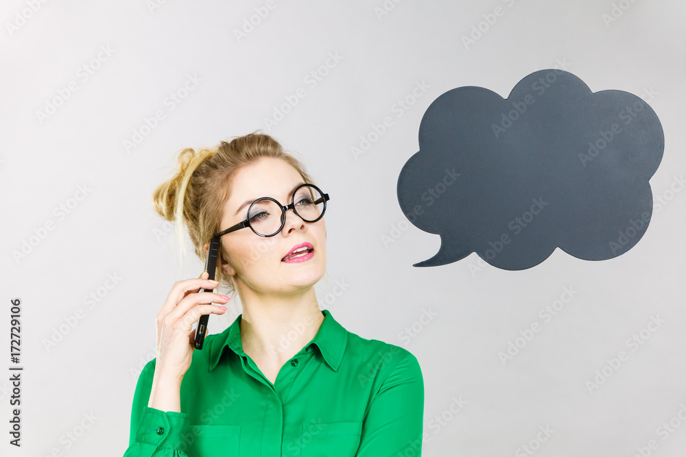Business woman talking on phone with thinking bubble Business woman talking on phone with thinking bubble