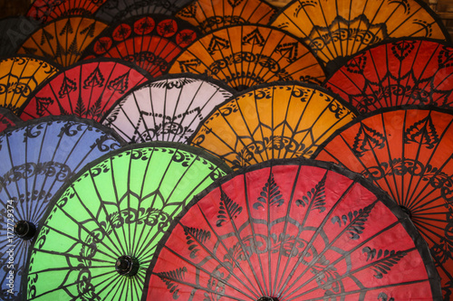 Traditional umbrellas of different colors on the market  Bagan  Myanmar  Burma 