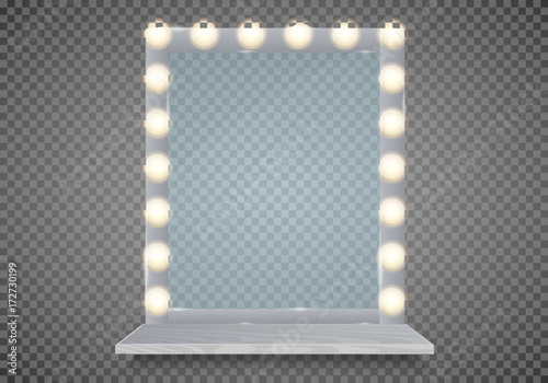 Mirror in frame with light makeup lights for changing room or backroom, on transparent background vector illustration