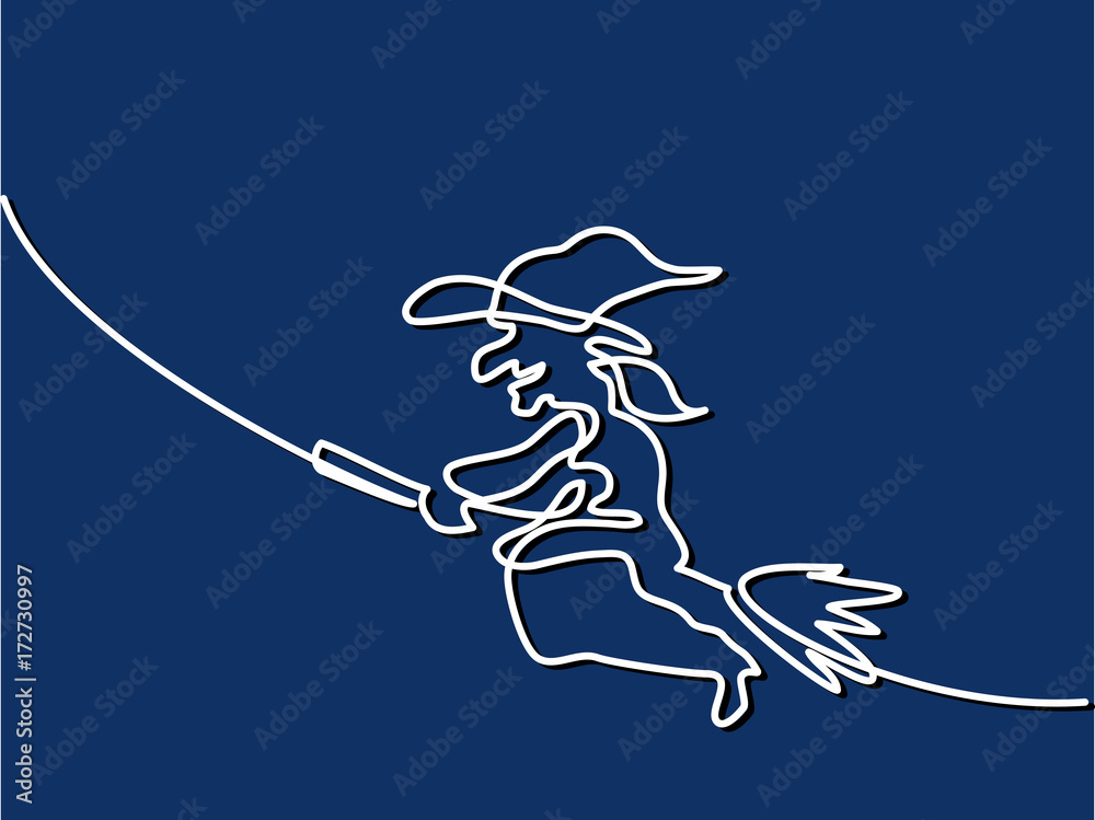 Continuous line drawing of black halloween witch on broom. Vector illustration