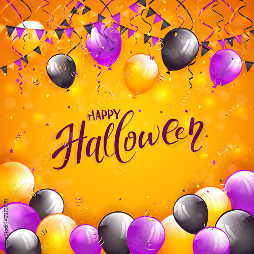 Orange Halloween background with balloons and pennants