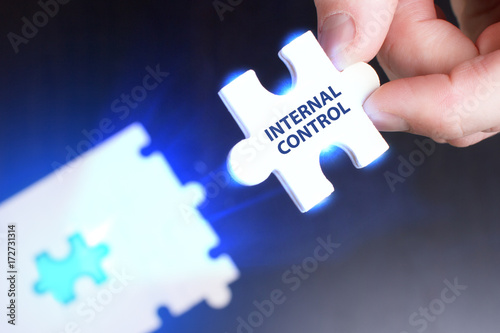 The concept of business, technology, the Internet and the network. A young businessman collects a puzzle with the proper inscription: Internal control