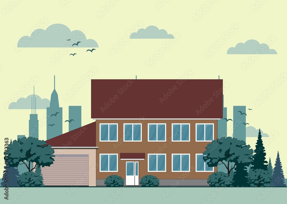 Illustration of a city landscape with townhouse and trees. Flat art style. Housing, real estate market, architecture design, property investment concept banner. Illustration of a city landscape with townhouse and trees. Flat art style. Housing, real estate market, architecture design, property investment concept banner.