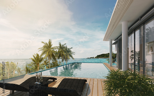 Sea view swimming pool in modern loft design,Luxury ocean Beach house