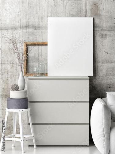 Mock up poster on Chest of drawers with decoration, 3d illustration