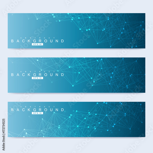 Scientific set of modern vector banners. DNA molecule structure with connected lines and dots. Science vector background. Medical, tecnology, chemistry design.