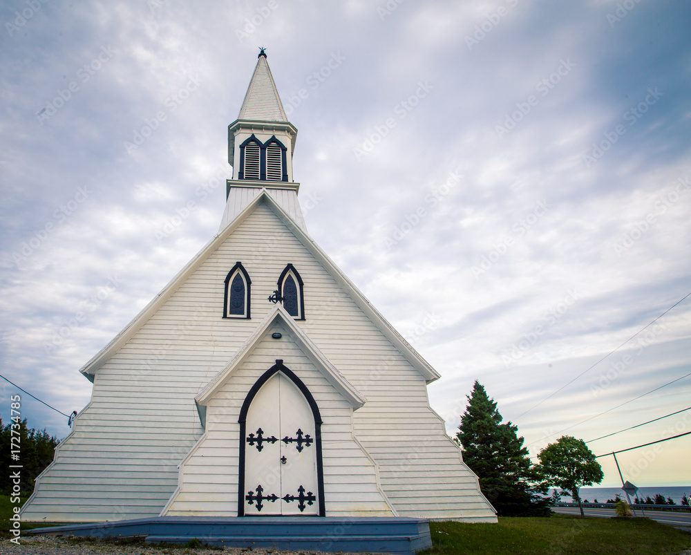 White wooden Church Gaspe Quebec
