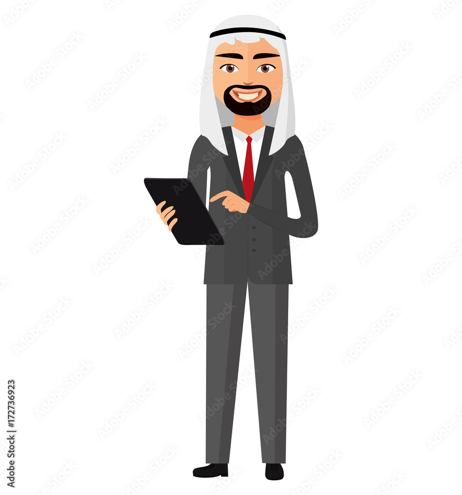 Happy arab muslim iran businessman with tablet flat cartoon vector illustration. Happy arab muslim iran businessman with tablet flat cartoon vector illustration.