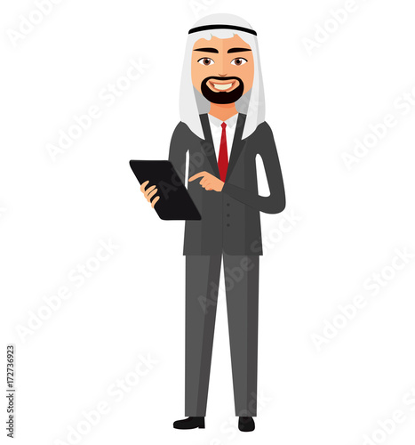 Happy arab muslim iran businessman with tablet flat cartoon vector illustration.