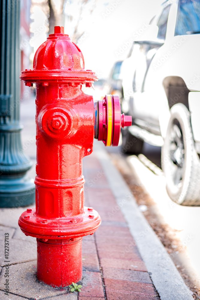 Fire hydrant on sidewalk shallow depth of field Fire hydrant on sidewalk shallow depth of field